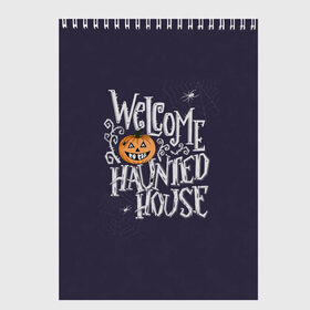 Скетчбук с принтом Halloween. Haunted house. в Тюмени, 100% бумага
 | 48 листов, плотность листов — 100 г/м2, плотность картонной обложки — 250 г/м2. Листы скреплены сверху удобной пружинной спиралью | 31 октября | halloween | purple | scary | to the haunted house | welcome | буквы | день всех святых | дом с привидениями | каллиграфия | леттеринг | надпись | октябрь | осень | праздник | привидение | призрак | тыква | ужас