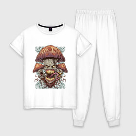 Женская пижама хлопок с принтом mushroom of horrors в Тюмени, 100% хлопок | брюки и футболка прямого кроя, без карманов, на брюках мягкая резинка на поясе и по низу штанин | Тематика изображения на принте: 