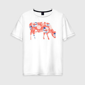 Женская футболка хлопок Oversize с принтом корова с цветами в Тюмени, 100% хлопок | свободный крой, круглый ворот, спущенный рукав, длина до линии бедер
 | 2021 | бык | год быка | год коровы | корова | новый год | символ года