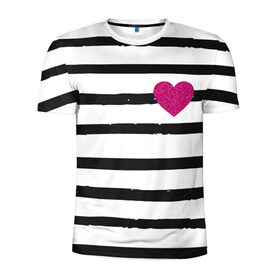 Мужская футболка 3D спортивная с принтом Сердце с полосками в Тюмени, 100% полиэстер с улучшенными характеристиками | приталенный силуэт, круглая горловина, широкие плечи, сужается к линии бедра | Тематика изображения на принте: любовь | милый | модный | полоски | розовый | семья | сердце | чёрный