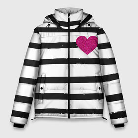 Мужская зимняя куртка 3D с принтом Сердце с полосками в Тюмени, верх — 100% полиэстер; подкладка — 100% полиэстер; утеплитель — 100% полиэстер | длина ниже бедра, свободный силуэт Оверсайз. Есть воротник-стойка, отстегивающийся капюшон и ветрозащитная планка. 

Боковые карманы с листочкой на кнопках и внутренний карман на молнии. | Тематика изображения на принте: любовь | милый | модный | полоски | розовый | семья | сердце | чёрный