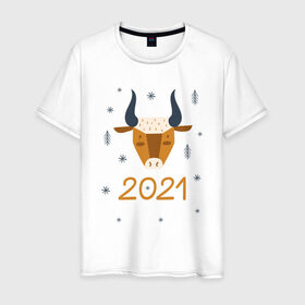 Мужская футболка хлопок с принтом год быка 2021 в Тюмени, 100% хлопок | прямой крой, круглый вырез горловины, длина до линии бедер, слегка спущенное плечо. | 2021 | бык | год быка | год коровы | новый год | символ года