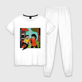 Женская пижама хлопок с принтом Битва поколений в Тюмени, 100% хлопок | брюки и футболка прямого кроя, без карманов, на брюках мягкая резинка на поясе и по низу штанин | 
