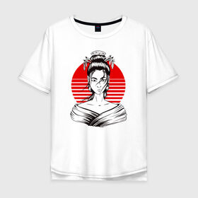 Мужская футболка хлопок Oversize с принтом Гейша в Тюмени, 100% хлопок | свободный крой, круглый ворот, “спинка” длиннее передней части | anime | art | beauty | geisha | japan | japanese | manga | trend | woman | аниме | арт | восходящее | дневник | дневники | женщина | иллюстрация | искусство | красное | красота | манга | мода | портрет | символ | солнце | страна