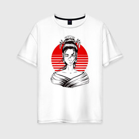 Женская футболка хлопок Oversize с принтом Гейша в Тюмени, 100% хлопок | свободный крой, круглый ворот, спущенный рукав, длина до линии бедер
 | anime | art | beauty | geisha | japan | japanese | manga | trend | woman | аниме | арт | восходящее | дневник | дневники | женщина | иллюстрация | искусство | красное | красота | манга | мода | портрет | символ | солнце | страна