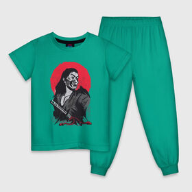 Детская пижама хлопок с принтом Японский Воин Самурай в Тюмени, 100% хлопок |  брюки и футболка прямого кроя, без карманов, на брюках мягкая резинка на поясе и по низу штанин
 | Тематика изображения на принте: art | blade | blood | illustration | japan | japanese | katana | mask | moon | ronin | samurai | sekiro | shogun | sword | tsushima | warrior | арт | в маске | иллюстрация | катана | кровавая | луна | мерч | меч | отступник | ронин | сегун |