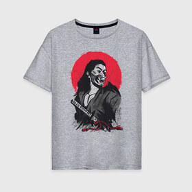 Женская футболка хлопок Oversize с принтом Японский Воин Самурай в Тюмени, 100% хлопок | свободный крой, круглый ворот, спущенный рукав, длина до линии бедер
 | art | blade | blood | illustration | japan | japanese | katana | mask | moon | ronin | samurai | sekiro | shogun | sword | tsushima | warrior | арт | в маске | иллюстрация | катана | кровавая | луна | мерч | меч | отступник | ронин | сегун |