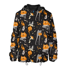 Мужская куртка 3D с принтом Halloween Monsters в Тюмени, ткань верха — 100% полиэстер, подклад — флис | прямой крой, подол и капюшон оформлены резинкой с фиксаторами, два кармана без застежек по бокам, один большой потайной карман на груди. Карман на груди застегивается на липучку | angry | art | cat | creatures | flame | grumpy | horror | kitten | kitty | merch | pussy | pussycat | арт | грибы | злые | иллюстрация | котенок | кошка | кринж | мерч | монстры | наряд | недовольные | огонь | паттерн | сердитые | создания