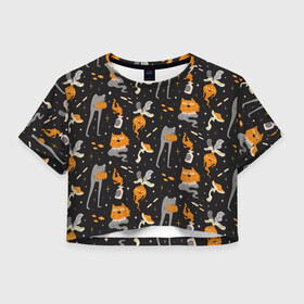 Женская футболка Crop-top 3D с принтом Halloween Monsters в Тюмени, 100% полиэстер | круглая горловина, длина футболки до линии талии, рукава с отворотами | angry | art | cat | creatures | flame | grumpy | horror | kitten | kitty | merch | pussy | pussycat | арт | грибы | злые | иллюстрация | котенок | кошка | кринж | мерч | монстры | наряд | недовольные | огонь | паттерн | сердитые | создания