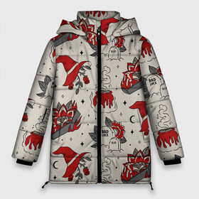 Женская зимняя куртка 3D с принтом Ретро Хэллоуин в Тюмени, верх — 100% полиэстер; подкладка — 100% полиэстер; утеплитель — 100% полиэстер | длина ниже бедра, силуэт Оверсайз. Есть воротник-стойка, отстегивающийся капюшон и ветрозащитная планка. 

Боковые карманы с листочкой на кнопках и внутренний карман на молнии | coffin | cosplay | death | graves | graveyard | grim | reaper | retro | scythe | star | stars | vintage | witch | ведьма | гроб | звезды | кладбище | косплей | котел | могила | могилы | могильные цветы | полумесяц | розы | хеллоуи