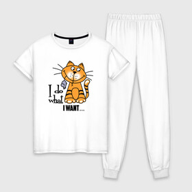 Женская пижама хлопок с принтом I want - кот Рыжик в Тюмени, 100% хлопок | брюки и футболка прямого кроя, без карманов, на брюках мягкая резинка на поясе и по низу штанин | кот | котик | коты | кошка | рыжий кот