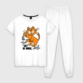 Женская пижама хлопок с принтом Get in done - кот Рыжик в Тюмени, 100% хлопок | брюки и футболка прямого кроя, без карманов, на брюках мягкая резинка на поясе и по низу штанин | кот | котик | коты | кошки | рыжий кот
