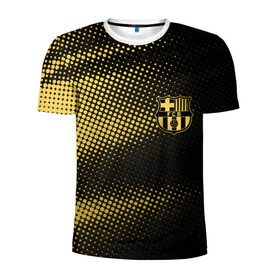 Мужская футболка 3D спортивная с принтом FC BARCELONA GOLD в Тюмени, 100% полиэстер с улучшенными характеристиками | приталенный силуэт, круглая горловина, широкие плечи, сужается к линии бедра | Тематика изображения на принте: 
