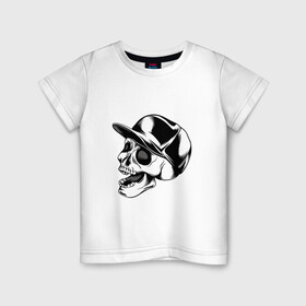 Детская футболка хлопок с принтом Череп в кепке в Тюмени, 100% хлопок | круглый вырез горловины, полуприлегающий силуэт, длина до линии бедер | арт | белый | в кепке | вектор | кепка | рисунок | скелет | череп | чёрный