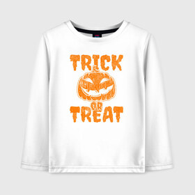 Детский лонгслив хлопок с принтом Trick or Treat в Тюмени, 100% хлопок | круглый вырез горловины, полуприлегающий силуэт, длина до линии бедер | 31 октября | halloween | halowen | ведьма | день всех святых | джек | костюм | кровь | лого | монстр | надпись | праздник | приведение | призрак | светильник | символ | страшная | тыква | ужасы | хеллоуин | хеллуин