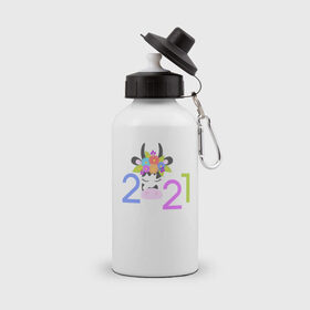 Бутылка спортивная с принтом 2021 в Тюмени, металл | емкость — 500 мл, в комплекте две пластиковые крышки и карабин для крепления | Тематика изображения на принте: 2021 | бык | год быка | год коровы | новый год | символ года