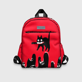 Детский рюкзак 3D с принтом WHAT CAT в Тюмени, 100% полиэстер | лямки с регулируемой длиной, сверху петелька, чтобы рюкзак можно было повесить на вешалку. Основное отделение закрывается на молнию, как и внешний карман. Внутри дополнительный карман. По бокам два дополнительных кармашка | art | black | black cat | cat | dark | dark cat | halloween | what | what cat | what mem | арт | кот | кот арт | кот мем | мем | нож | праздник | прикол | прикольный кот | убица | хэллоуин | чёрный | чёрный кот | что | что мем