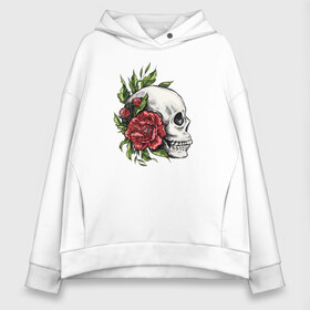 Женское худи Oversize хлопок с принтом Череп и Роза в Тюмени, френч-терри — 70% хлопок, 30% полиэстер. Мягкий теплый начес внутри —100% хлопок | боковые карманы, эластичные манжеты и нижняя кромка, капюшон на магнитной кнопке | art | bones | fashion | flowers | jolly roger | rose | roses | skeleton | skull | skulls | smile | smiling | арт | ваза | иллюстрация | кости | лепестки | листья | мода | рисунок | роза | розы | скелет | стиль | тренд | улыбающийся | улыбка | ч