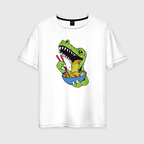 Женская футболка хлопок Oversize с принтом Ти Рекс ест Рамен в Тюмени, 100% хлопок | свободный крой, круглый ворот, спущенный рукав, длина до линии бедер
 | anime | cute | dino | dinosaur | kanji | kawaii | manga | rex | sushi | t rex | анимешный | грааль | динозаврик | иероглифы | катакана | кушает | лапша | макароны | манга | милота | милый | повелитель | рамен | рекс | суп | суши