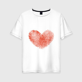 Женская футболка хлопок Oversize с принтом Любовь отпечатки пальцев в Тюмени, 100% хлопок | свободный крой, круглый ворот, спущенный рукав, длина до линии бедер
 | влюбленные | вместе | линии судьбы | любовь | он и она | отпечатки пальцев | признание | сердце