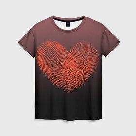 Женская футболка 3D с принтом Сердце из отпечатков пальцев в Тюмени, 100% полиэфир ( синтетическое хлопкоподобное полотно) | прямой крой, круглый вырез горловины, длина до линии бедер | влюбленные | вместе | градиент | линии судьбы | любовь | он и она | отпечатки пальцев | пальчики | признание | сердце | следы