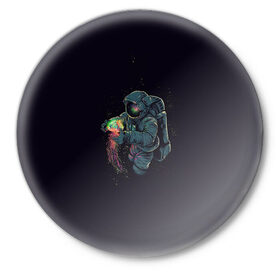 Значок с принтом Космонавт в Тюмени,  металл | круглая форма, металлическая застежка в виде булавки | арт | астронавт | звезда | звёзды | инопланетная жизнь | инопланетянин | космонавт | космос | медуза | ночь | рисунок | скафандр