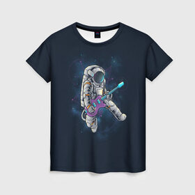 Женская футболка 3D с принтом Космонавт с гитарой в Тюмени, 100% полиэфир ( синтетическое хлопкоподобное полотно) | прямой крой, круглый вырез горловины, длина до линии бедер | арт | астронавт | гитара | гитарист | звезда | звёзды | космонавт | космос | ночь | рисунок | скафандр