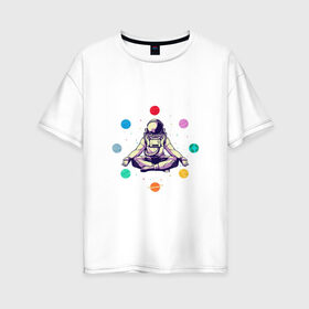Женская футболка хлопок Oversize с принтом Космонавт с планетами в Тюмени, 100% хлопок | свободный крой, круглый ворот, спущенный рукав, длина до линии бедер
 | арт | астронавт | звезда | звёзды | космонавт | космос | ночь | планета | планеты | рисунок | скафандр