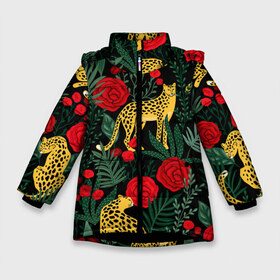 Зимняя куртка для девочек 3D с принтом Леопарды и цветы в Тюмени, ткань верха — 100% полиэстер; подклад — 100% полиэстер, утеплитель — 100% полиэстер. | длина ниже бедра, удлиненная спинка, воротник стойка и отстегивающийся капюшон. Есть боковые карманы с листочкой на кнопках, утяжки по низу изделия и внутренний карман на молнии. 

Предусмотрены светоотражающий принт на спинке, радужный светоотражающий элемент на пуллере молнии и на резинке для утяжки. | leopard | животные | звери | леопард | леопарды | листья | принт животных | принт с животными | природа | растения | роза | розы | тропики | хищники | цветок | цветы