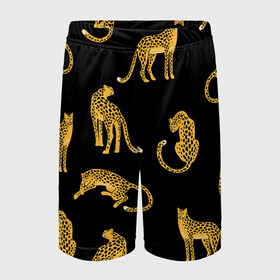 Детские спортивные шорты 3D с принтом Леопарды в Тюмени,  100% полиэстер
 | пояс оформлен широкой мягкой резинкой, ткань тянется
 | leopard | дикие звери | животные | звери | коты | кошки | леопарды | хищники | черный
