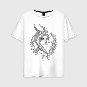 Женская футболка хлопок Oversize с принтом Козерог в Тюмени, 100% хлопок | свободный крой, круглый ворот, спущенный рукав, длина до линии бедер
 | гороскоп | графика | девушка | знаки зодиака | зодиак | козерог | чёрно белое | январь