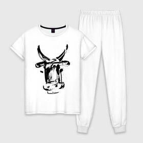 Женская пижама хлопок с принтом бык в Тюмени, 100% хлопок | брюки и футболка прямого кроя, без карманов, на брюках мягкая резинка на поясе и по низу штанин | 2021 | бык | год быка | год коровы | новый год | символ года