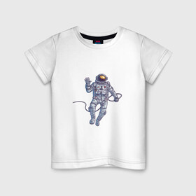 Детская футболка хлопок с принтом Привет от космонавта в Тюмени, 100% хлопок | круглый вырез горловины, полуприлегающий силуэт, длина до линии бедер | арт | астронавт | космонавт | космос | невесомость | передаёт привет | привет | рисунок | скафандр