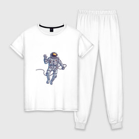 Женская пижама хлопок с принтом Привет от космонавта в Тюмени, 100% хлопок | брюки и футболка прямого кроя, без карманов, на брюках мягкая резинка на поясе и по низу штанин | арт | астронавт | космонавт | космос | невесомость | передаёт привет | привет | рисунок | скафандр