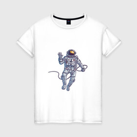 Женская футболка хлопок с принтом Привет от космонавта в Тюмени, 100% хлопок | прямой крой, круглый вырез горловины, длина до линии бедер, слегка спущенное плечо | арт | астронавт | космонавт | космос | невесомость | передаёт привет | привет | рисунок | скафандр