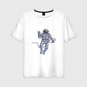 Женская футболка хлопок Oversize с принтом Привет от космонавта в Тюмени, 100% хлопок | свободный крой, круглый ворот, спущенный рукав, длина до линии бедер
 | арт | астронавт | космонавт | космос | невесомость | передаёт привет | привет | рисунок | скафандр