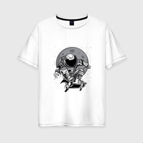 Женская футболка хлопок Oversize с принтом Космический скейт в Тюмени, 100% хлопок | свободный крой, круглый ворот, спущенный рукав, длина до линии бедер
 | арт | астронавт | звезда | звёзды | космический отдых | космонавт | космос | ночь | рисунок | скафандр | скейт | скейтборд