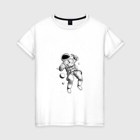 Женская футболка хлопок с принтом Полёт нормальный в Тюмени, 100% хлопок | прямой крой, круглый вырез горловины, длина до линии бедер, слегка спущенное плечо | арт | астронавт | звезда | звёзды | космонавт | космос | невесомость | ночь | полёт | полёт в невесомости | рисунок | скафандр