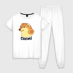 Женская пижама хлопок с принтом Чимс в Тюмени, 100% хлопок | брюки и футболка прямого кроя, без карманов, на брюках мягкая резинка на поясе и по низу штанин | chemps | chems | doge | dogo | дог | доге | доке и чимс | чимс | чимс доге