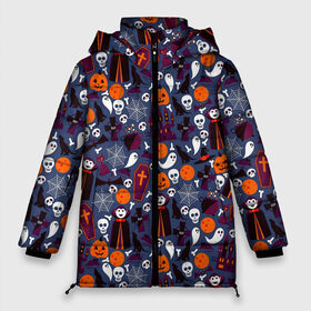 Женская зимняя куртка 3D с принтом Halloween в Тюмени, верх — 100% полиэстер; подкладка — 100% полиэстер; утеплитель — 100% полиэстер | длина ниже бедра, силуэт Оверсайз. Есть воротник-стойка, отстегивающийся капюшон и ветрозащитная планка. 

Боковые карманы с листочкой на кнопках и внутренний карман на молнии | 31 октября | halloween | halowen | ведьма | день всех святых | джек | костюм | кровь | лого | монстр | надпись | праздник | приведение | призрак | светильник | символ | страшная | тыква | ужасы | хеллоуин | хеллуин