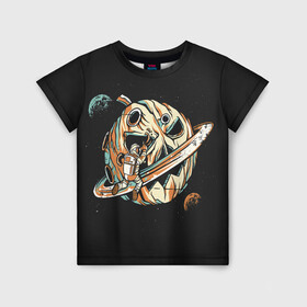 Детская футболка 3D с принтом Halloween in Cosmos в Тюмени, 100% гипоаллергенный полиэфир | прямой крой, круглый вырез горловины, длина до линии бедер, чуть спущенное плечо, ткань немного тянется | cosmos | день космонавтики | звезды | космонавт | космос | луна | небо | орбита | тыква | хеллоуин | юрий гагарин