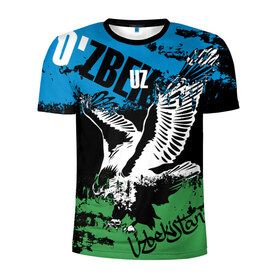 Мужская футболка 3D спортивная с принтом Узбекистан в Тюмени, 100% полиэстер с улучшенными характеристиками | приталенный силуэт, круглая горловина, широкие плечи, сужается к линии бедра | eagle | flag | raster | republic | uzbekistan | орел | растр | республика | узбекистан | флаг