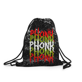 Рюкзак-мешок 3D с принтом PHONK в Тюмени, 100% полиэстер | плотность ткани — 200 г/м2, размер — 35 х 45 см; лямки — толстые шнурки, застежка на шнуровке, без карманов и подкладки | drift | memphis | music | phonk | phonk drift | phonk drift music | phonk edition | phonk mix | phonk music | phonk radio | phonk remix | trap | музыка для дрифта | пхонк | фонк | фонк дрифт | фонк рэп
