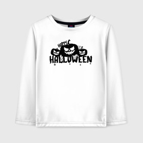 Детский лонгслив хлопок с принтом Halloween в Тюмени, 100% хлопок | круглый вырез горловины, полуприлегающий силуэт, длина до линии бедер | 31 октября | halloween | halowen | ведьма | день всех святых | джек | костюм | кровь | лого | монстр | надпись | праздник | приведение | призрак | светильник | символ | страшная | тыква | ужасы | хеллоуин | хеллуин