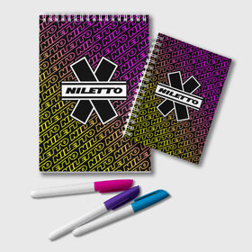 Блокнот с принтом НИЛЕТТО / Niletto в Тюмени, 100% бумага | 48 листов, плотность листов — 60 г/м2, плотность картонной обложки — 250 г/м2. Листы скреплены удобной пружинной спиралью. Цвет линий — светло-серый
 | hip | hop | logo | music | nileto | niletto | rap | знак | лого | логотип | логотипы | любимка | музыка | музыкант | нилето | нилетто | рэп | символ | символы | хип | хоп