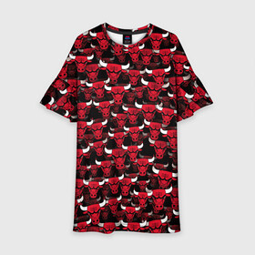 Детское платье 3D с принтом Быки Chicago Bulls в Тюмени, 100% полиэстер | прямой силуэт, чуть расширенный к низу. Круглая горловина, на рукавах — воланы | Тематика изображения на принте: баскетбол | бык | корова | красный | нба | паттерн | рога | чикаго буллз