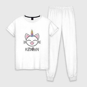 Женская пижама хлопок с принтом Kitticorn в Тюмени, 100% хлопок | брюки и футболка прямого кроя, без карманов, на брюках мягкая резинка на поясе и по низу штанин | cat | kitticorn | анимация | единорог | кит | котёнок | кошка | мода | радуга | тренд