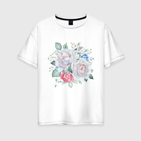 Женская футболка хлопок Oversize с принтом Букет белые розы в Тюмени, 100% хлопок | свободный крой, круглый ворот, спущенный рукав, длина до линии бедер
 | белые розы | букет | лето | нежность | цветы