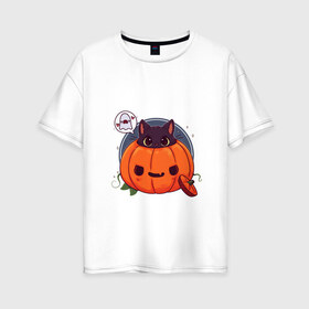 Женская футболка хлопок Oversize с принтом Киса в тыкве в Тюмени, 100% хлопок | свободный крой, круглый ворот, спущенный рукав, длина до линии бедер
 | cat | halloween | kitty | киса | кот | котик | кошка | тыква | хэллоуин