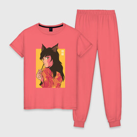 Женская пижама хлопок с принтом Cat Anime Girl в Тюмени, 100% хлопок | брюки и футболка прямого кроя, без карманов, на брюках мягкая резинка на поясе и по низу штанин | cute | fashion | japan | japanese | kanji | manga | neko | waifu | вайфу | девочка | девушка | иероглифы | кавай | кавайи | кавайная | кандзи | катакана | любовь | манга | милая | неко | нэко | нэкомусумэ | стиль | тренд | тренды